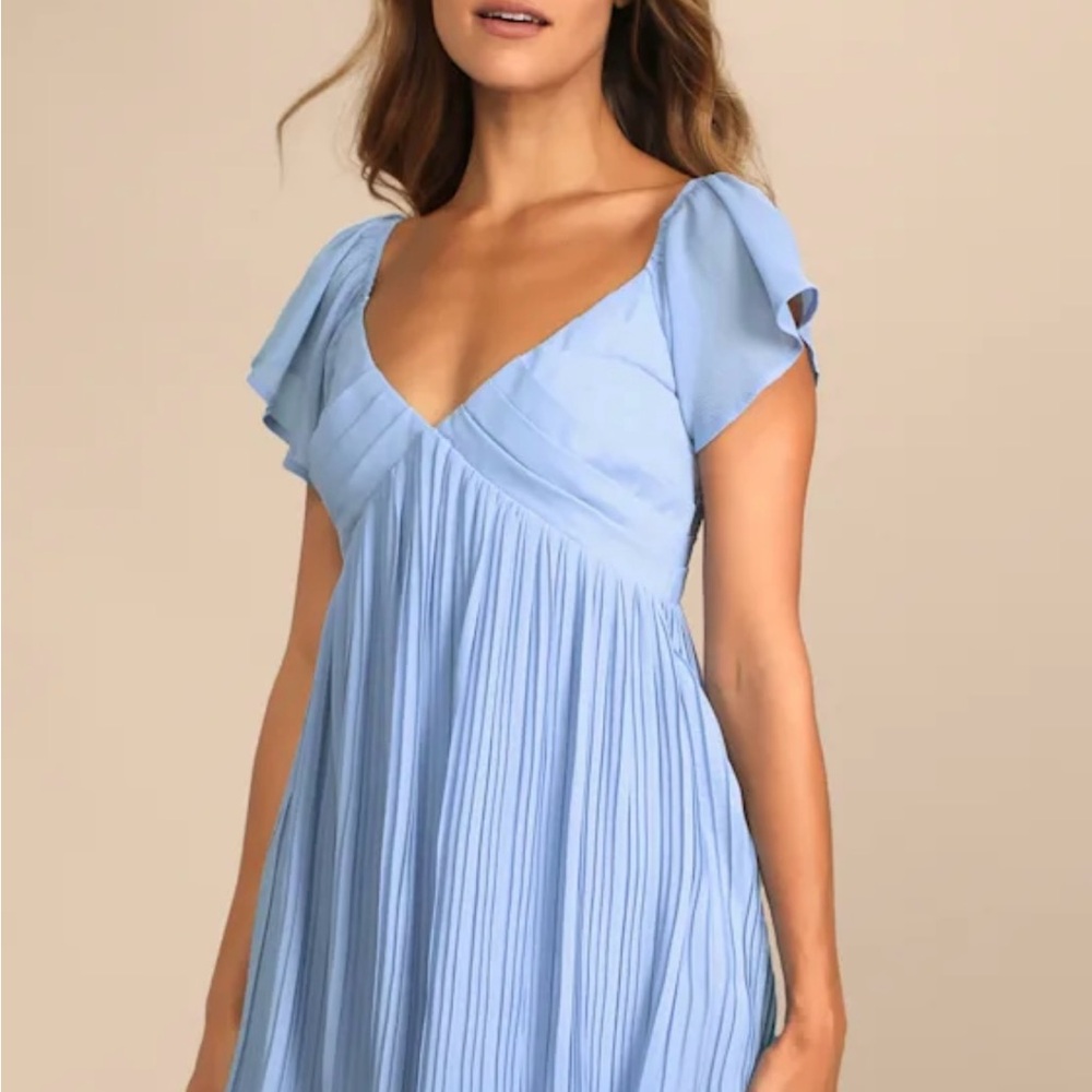 Lulu's Amalfi Coast Light Blue Pleated Flutter Sleeve Mini Dress
